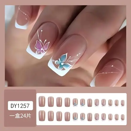 French Flower Press on Nails Medium Square Fake Nails Glossy Pink Blue Butterfly False Nail Nude Artificial Nails for Women Girl