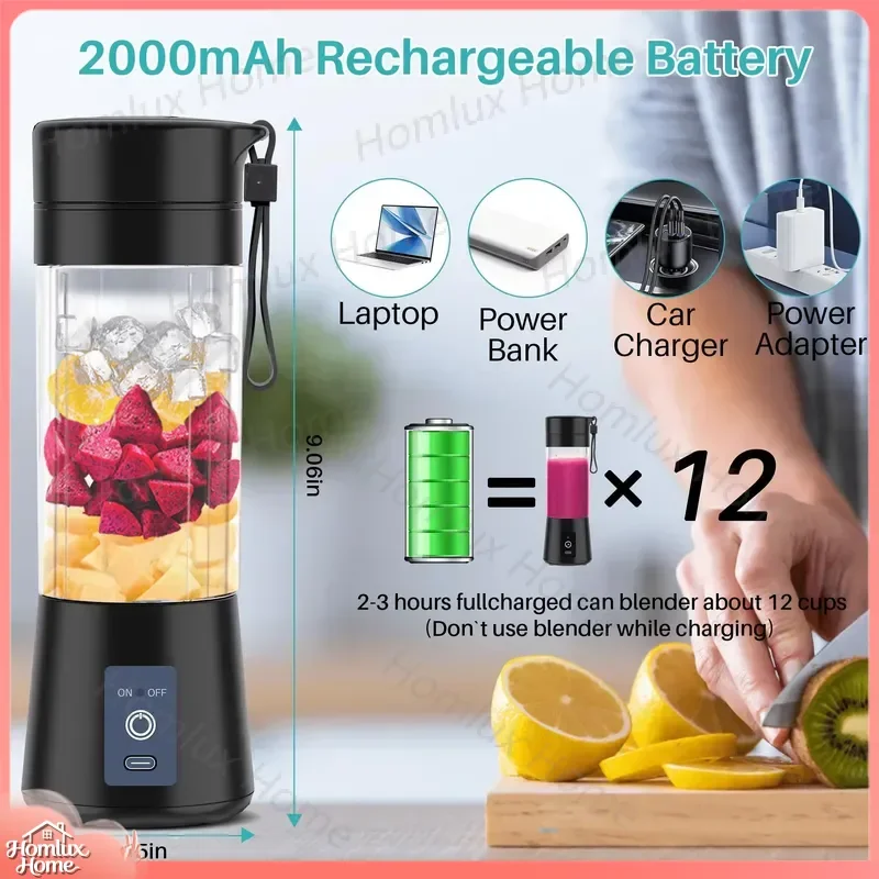 Portable Blender USB Rechargeable Mini Juicer Cup 6 Blades Fruit Mixer Smoothie Maker BPA Free 380ml Handheld Juice