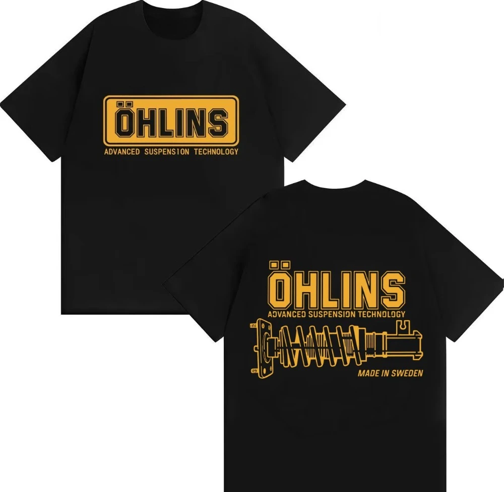 A Stylish and Fun OHLINS Motorcycle Shock Absorber Pattern 2026 Summer New Print Cotton Loose Casual Retro T-shirt Comfortable
