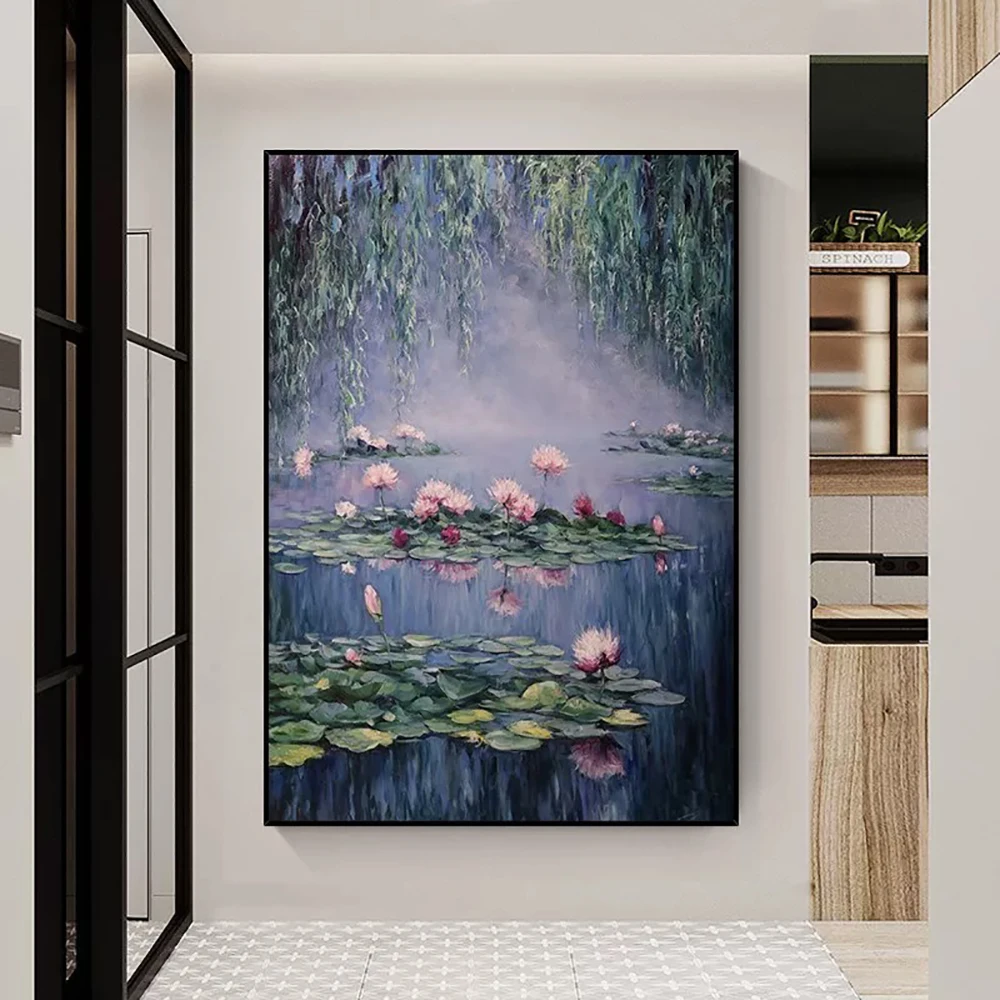 

Hand Painted Abstract Water Lily Painting Famous Pink Lotus Painting Abstract Flower Lake Scenery Painting on Canvas Wall Art