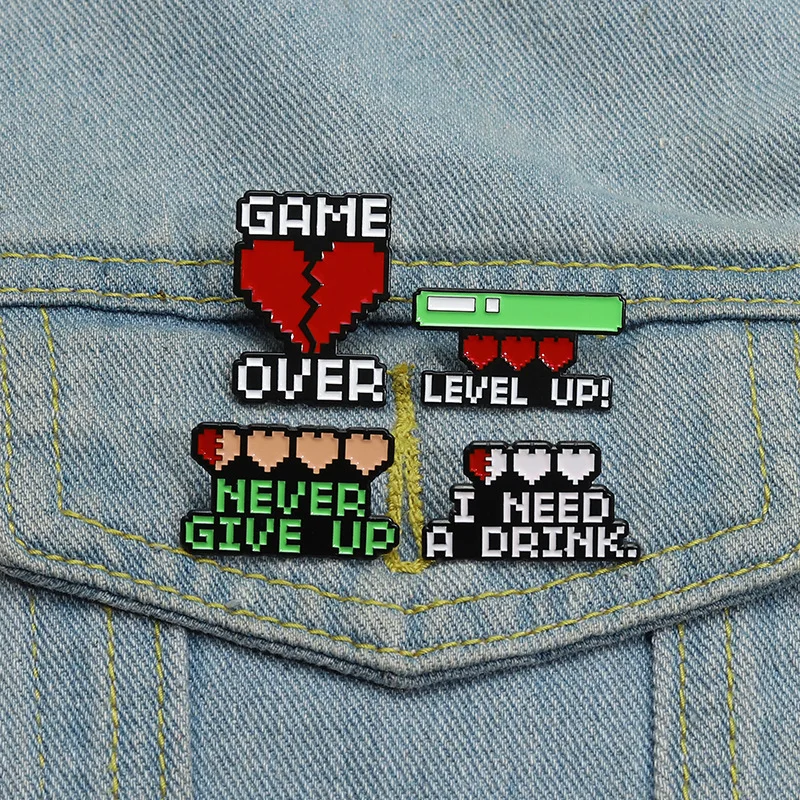 Level UP Enamel Cartoon Game Enamel Brooch Red Pixel Heart Lapel Pin GAME OVER Progress Custom Badges Jewelry Gifts Wholesale