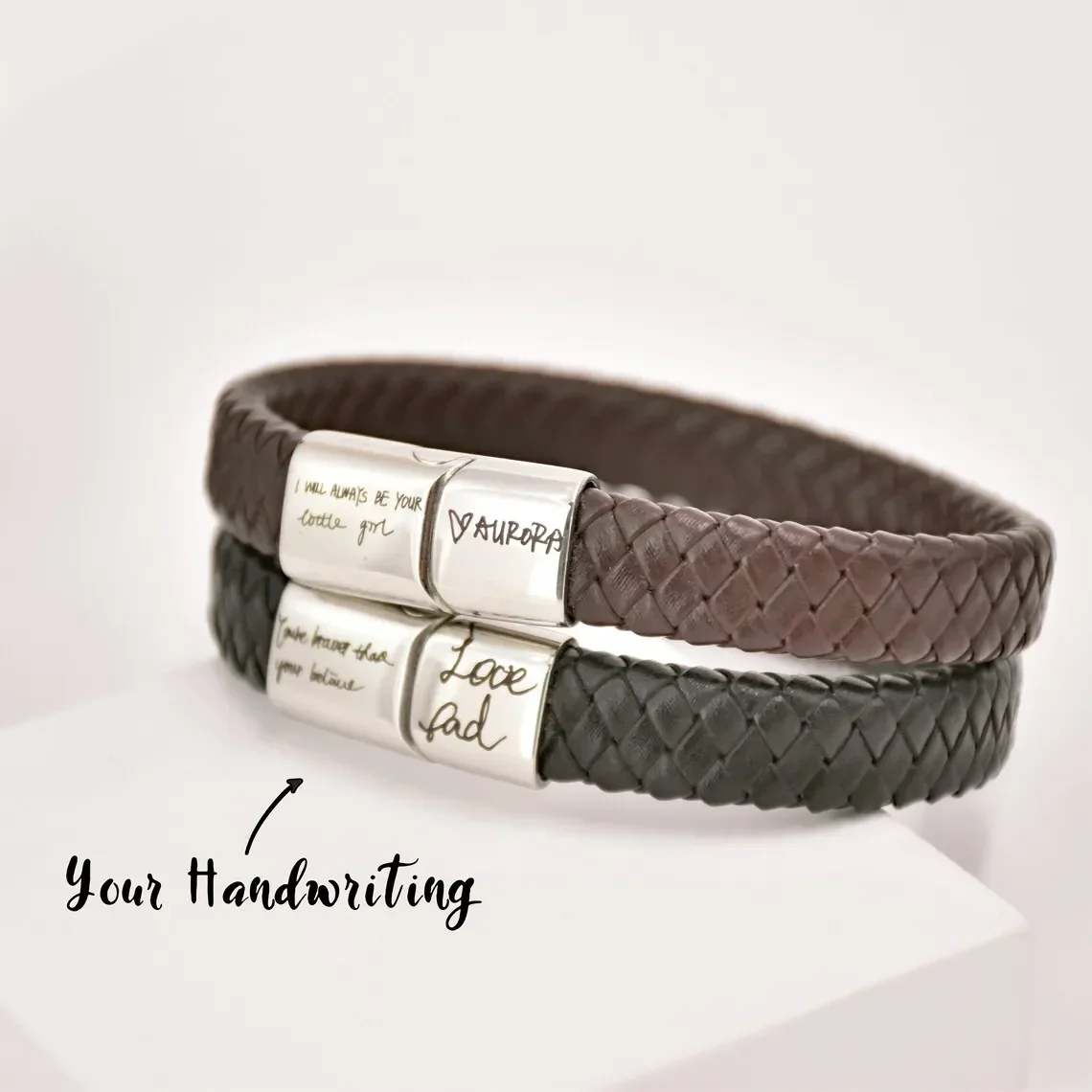 Handwritten Genuine Leather Bracelet Customized Personality Engrave Signature Stainless Steel Magnet Buckle Bangle for Men Women