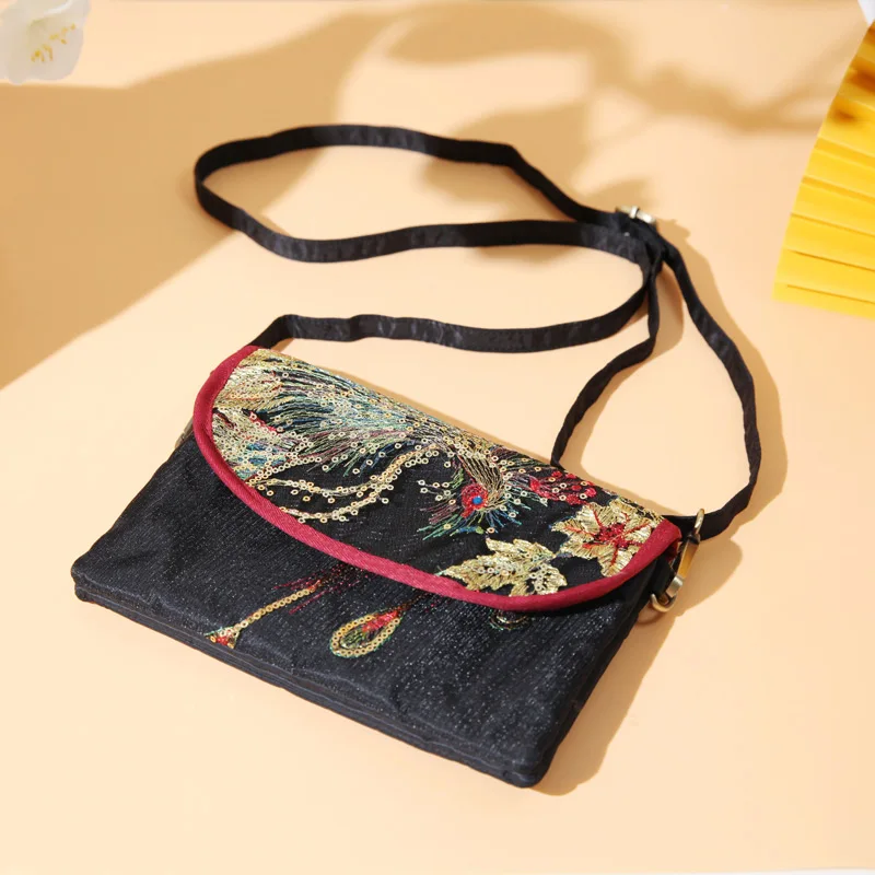 

Fashion women's messenger bag Phoenix sequin embroidery three-layer flip bag Leisure portable zero purse Mobile bag