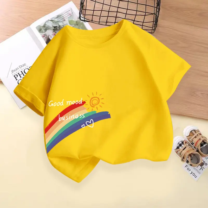 Summer New Personalized Children's T-shirt Rainbow Sun Print Pure Cotton T-shirt Parent-child Wear Trendy Brand Round Neck Top