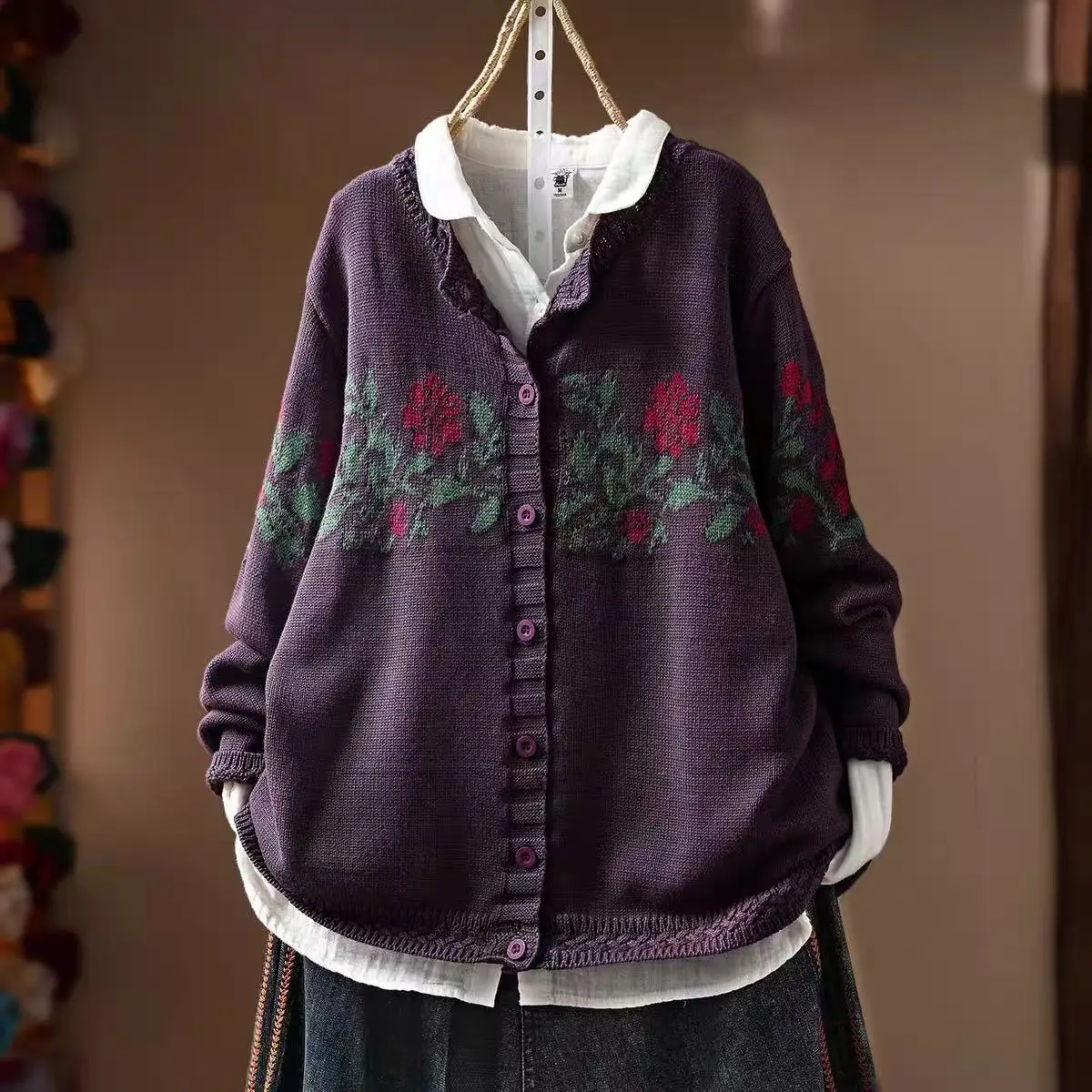 Women Vintage Floral Jacquard Knit Cardigan Japanese Style Round Neck Long Sleeve Loose‑Fit Cottagecore Sweater Jacket - view 2