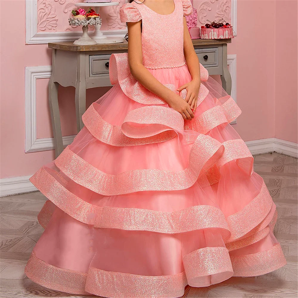 

Gorgeous Fluffy Tulle Layered Bow Belt Flower Girl Dress Princess Ball First Communion Dresses Kids Surprise Birthday Present