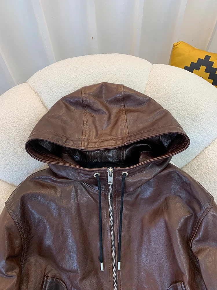 Genuine Sheepskin Leather Coat for Women\'s Clothing Real Leather Jacket Drawstring Hooded Fashion Slimming Leather Cotton Coats