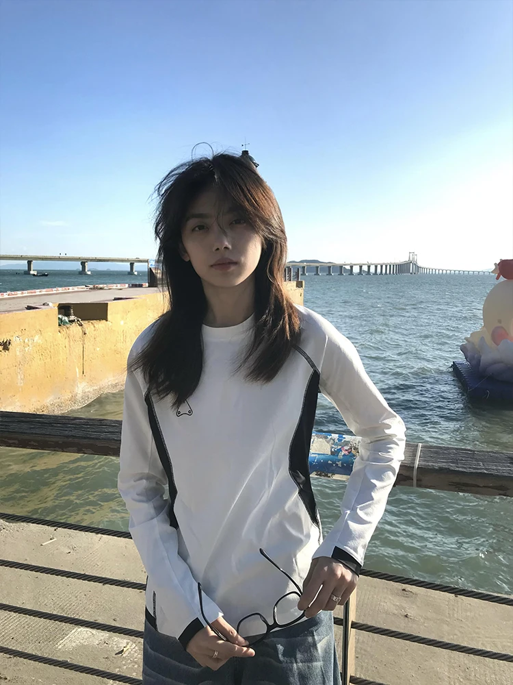 American Sle Splice Farbe Kontrast Nähte Design Lange Sve frauen T-shirt Frühling Herbst Abnehmen Casual Basis irt Top