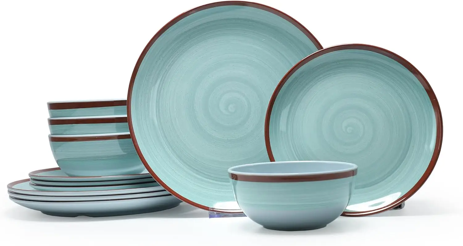 

Melamine Dinnerware Set for 4, 12Pcs Dinnerware Sets, Mint Blue Plates And Bowls Sets Morden Dish Set Dishwasher Safe BP