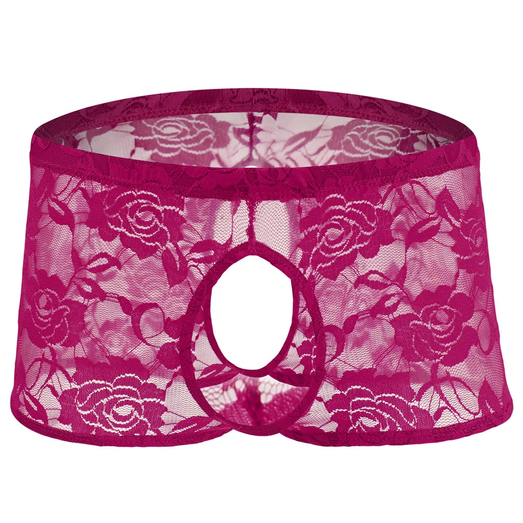 الرجال الملاكمين الدانتيل الوردي انظر من خلال الملابس الداخلية سيسي مفتوحة المنشعب الملابس الداخلية مفتوحة الجبهة القضيب سراويل كروسدريس ملابس النوم #3