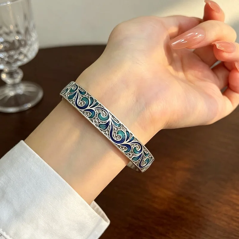 Enamel Wave Leaf Retro Heart Sutra 925 Sterling Silver Resizable Opening Bracelet For Women Fine Bangle Luxury Jewelry BR420