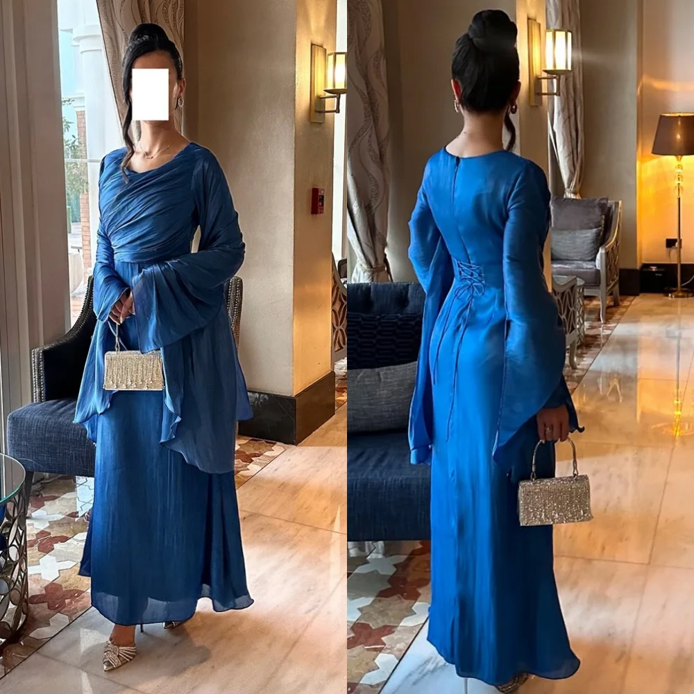 

Customized Delicate Dark Blue Chiffon Evening Dress Exquisite Crew Neck Long Sleeves Ribbon Prom Dress Court Train Party Dress