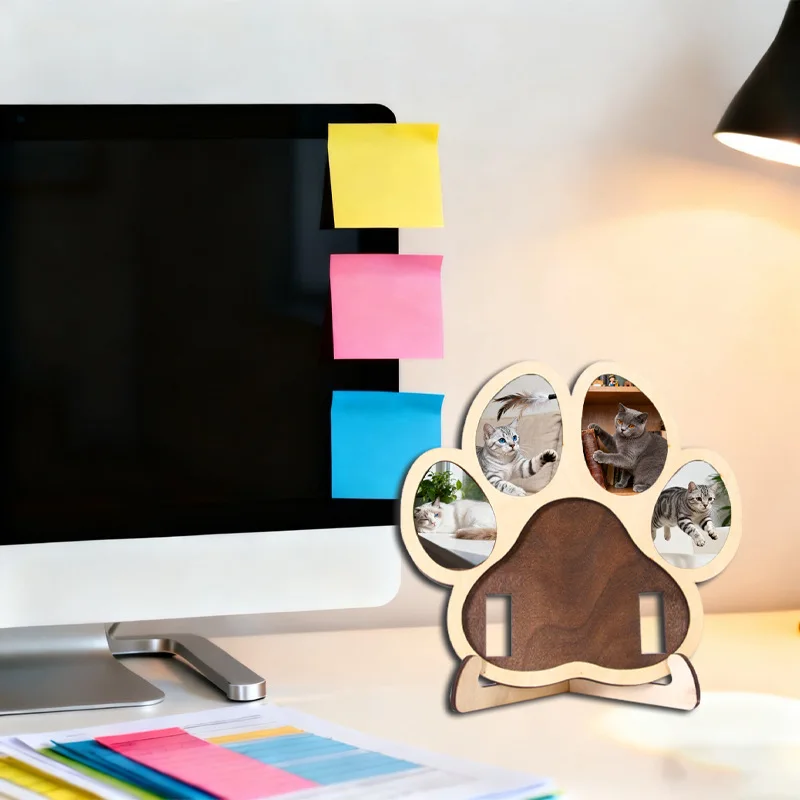 Wooden Paw Shaped Pet Photo Frame Multi Picture With Collar Holder Desktop Keepsake Decor For Dog Cat Lovers Memorial Gift