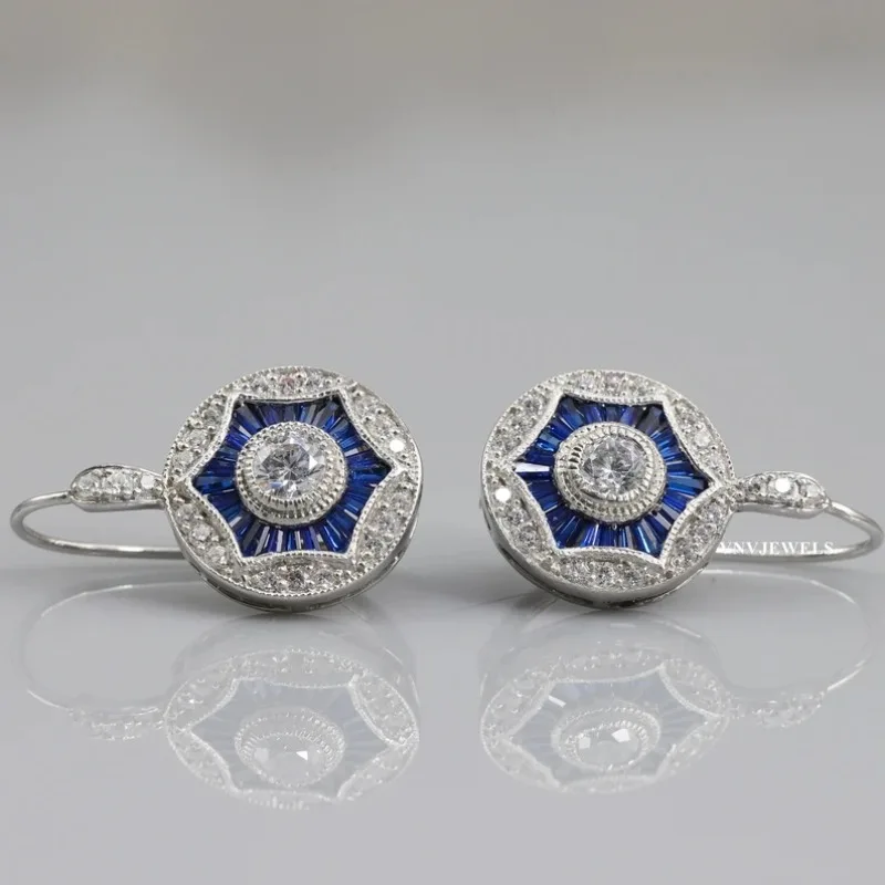 Elegante synthetische weiße blaue Zirkonia-Ohrhänger, runde silberfarbene Anhänger-Hakenohrringe für Damen, Trendschmuck