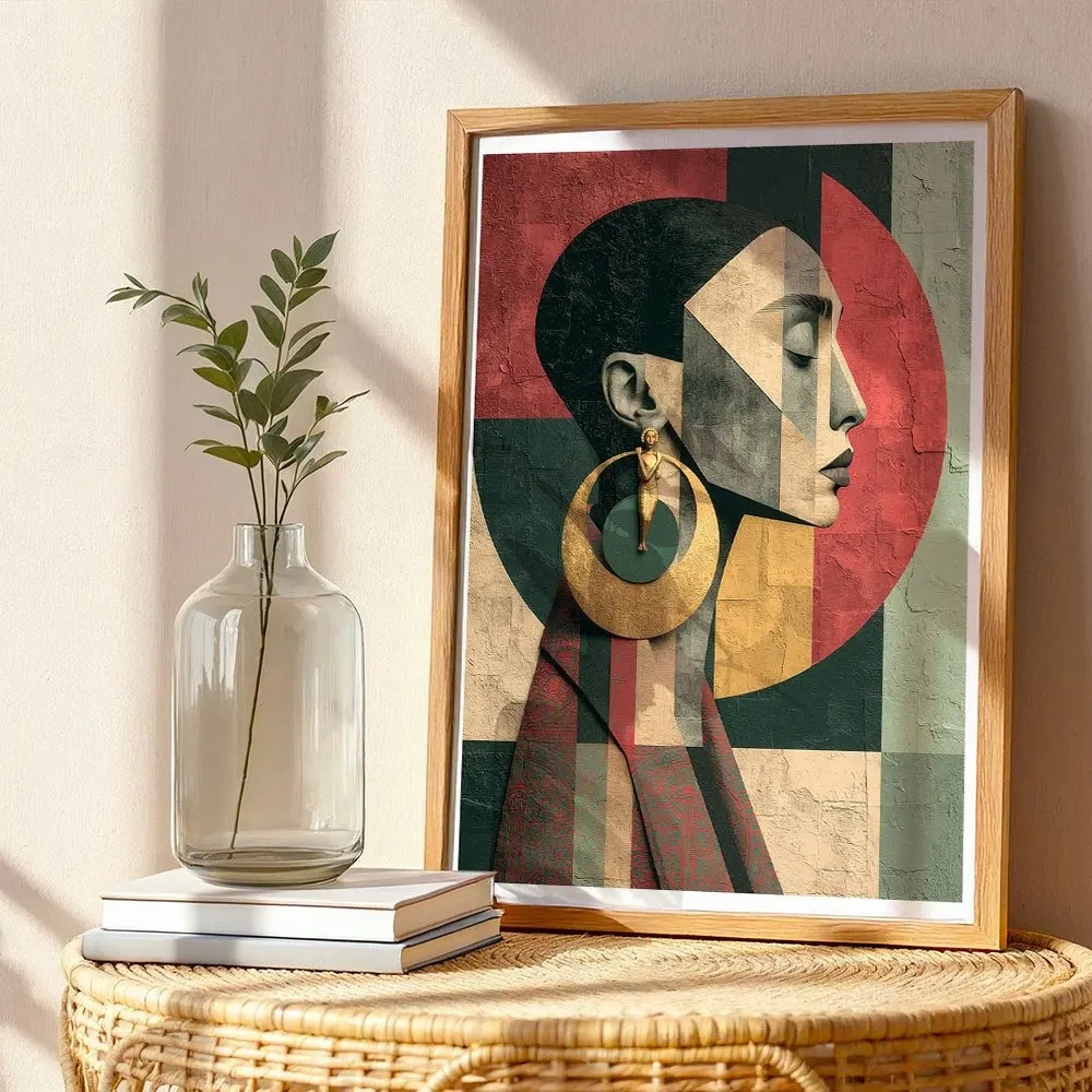 Bohemian Geometric Collage Female Portrait Canvas Wall Decor Picture