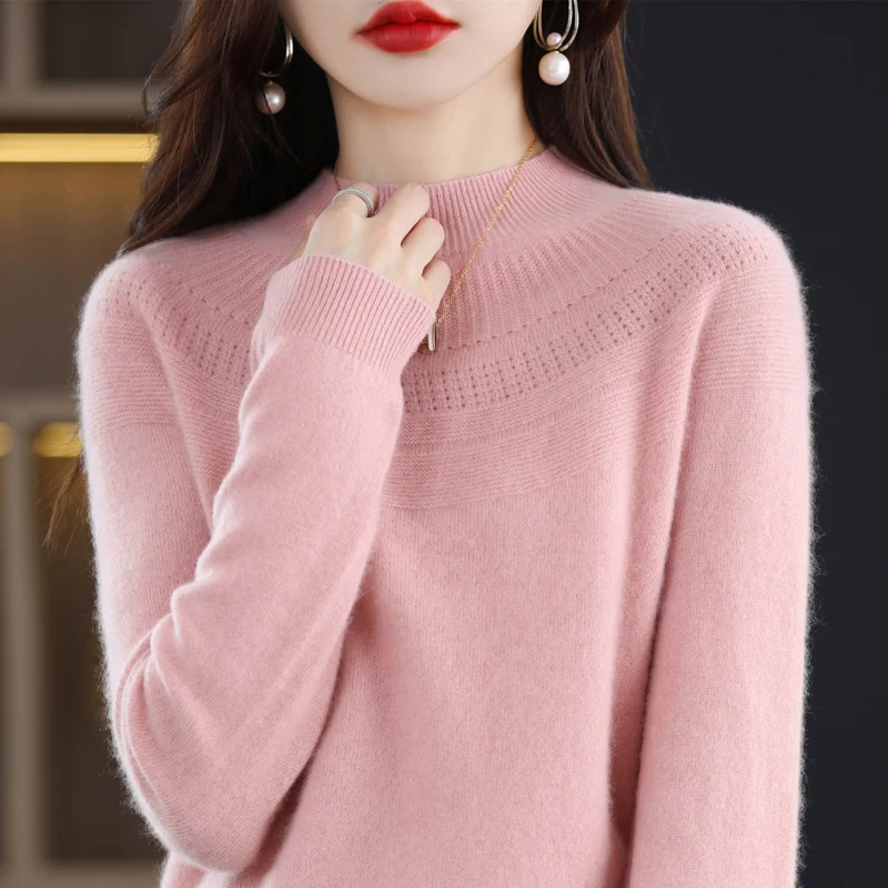 Autumn and winter 100% wool single-line ready-to-wear hollow women\'s pullover O-neck cashmere sweater knitted solid color