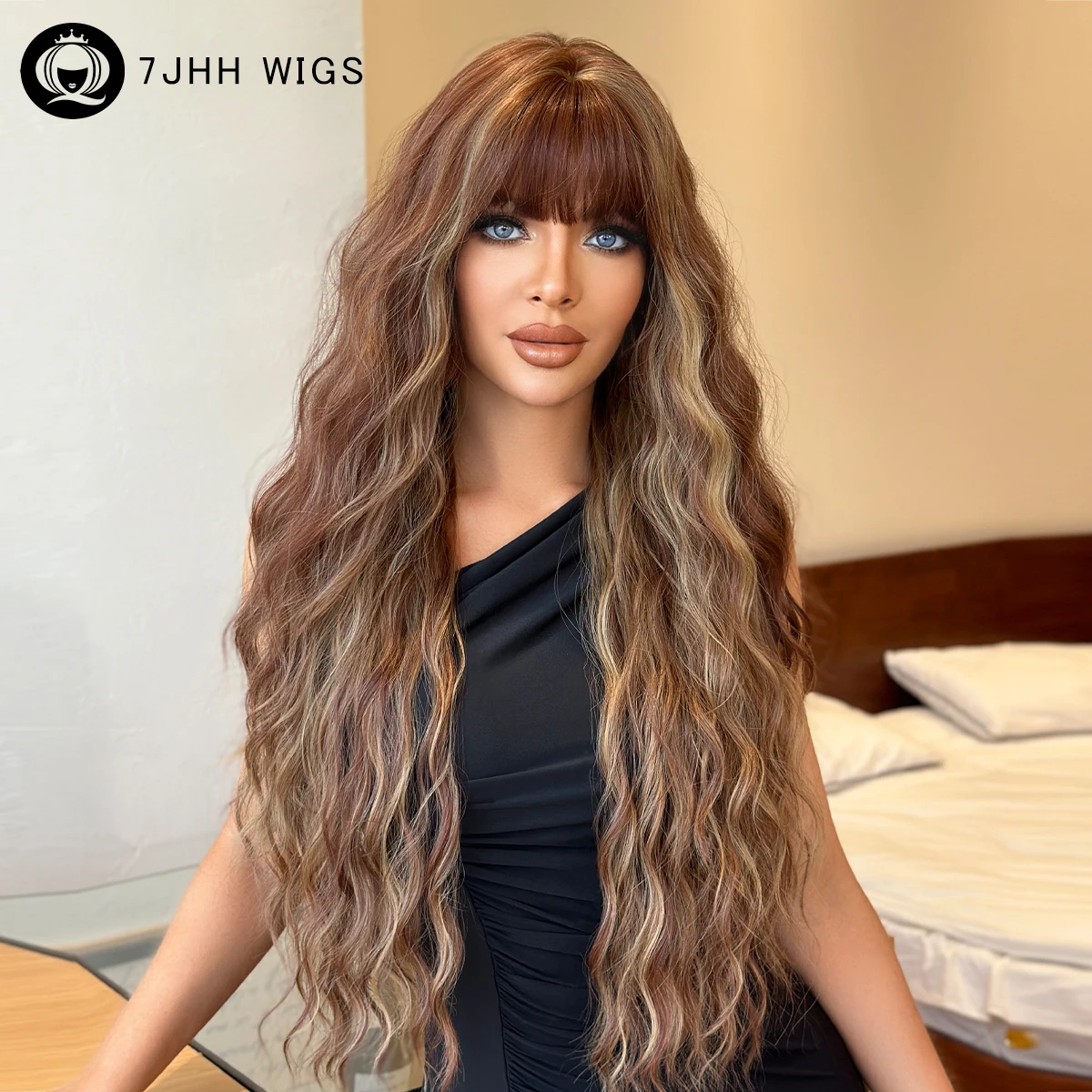 

Медный светлый волнистый парик для женщин, повседневные вечерние синтетические супердлинные волнистые волосы высокой плотности, парики с аккуратной челкой