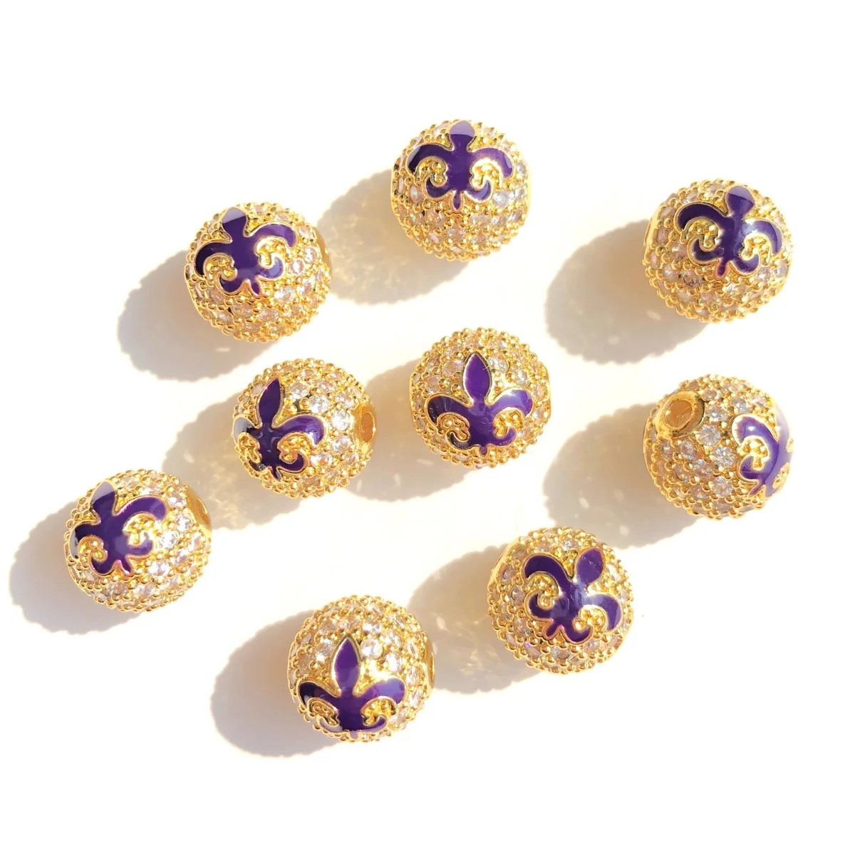 9pcs Green Yellow Purple New Orleans Mardi Gras Loose Ball Spacers Beads Zirconia Pave Gold-plated Jewelry Making Accessory Bulk