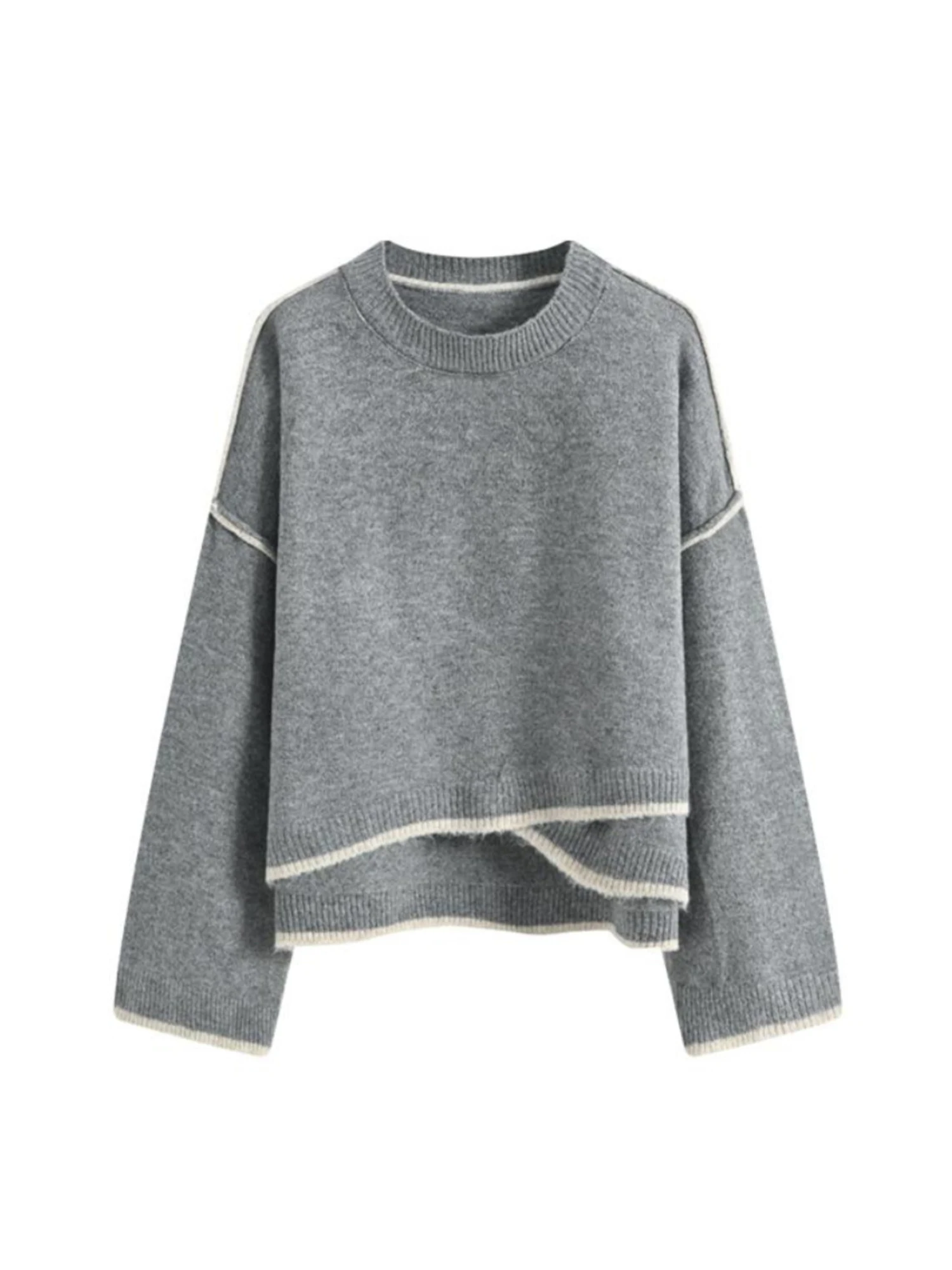 

Women's Grey Pullover O-Neck Sweater Vintage 2000s Jumper Knit Long Sleeves Oversize Cashmere Sweater for Women Autumn Winter