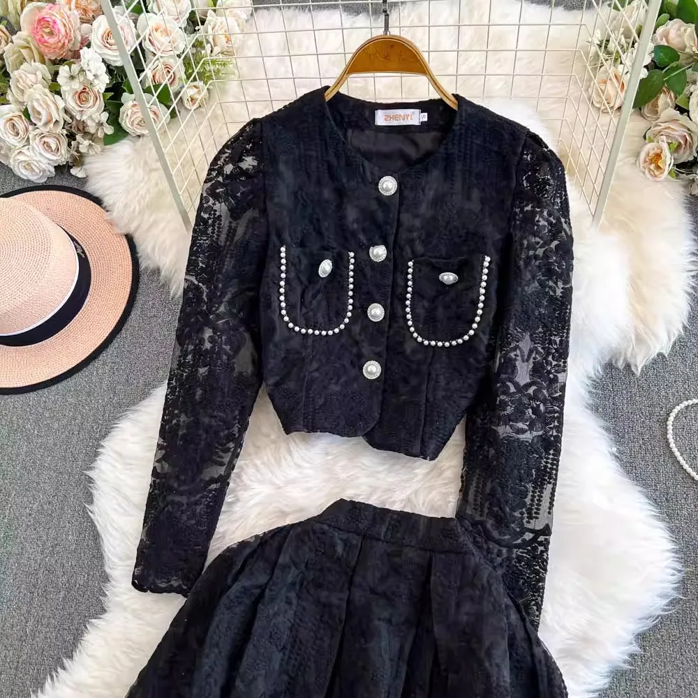 Elegant Autumn Embroidery Lace Set Two Piece Suits For Women O Neck Pearls Beaded Single Breasted Short Tops +Midi Skirt Outfits