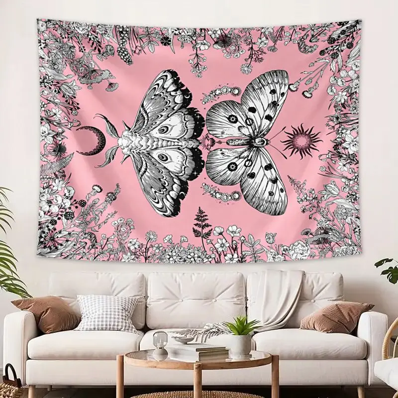 VIKAMA Moon Moth Sun Flower Mushroom Tarot Tapestry, Mystical Wall Art Background Cloth for Living Room Decor