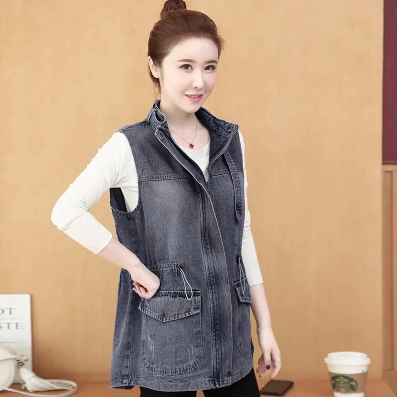 Fashion Mid Length Denim Vest Female Casual Loose Lower back Jeans Jacket Vests Women\'s Korean Version Denim Coat Outerwear