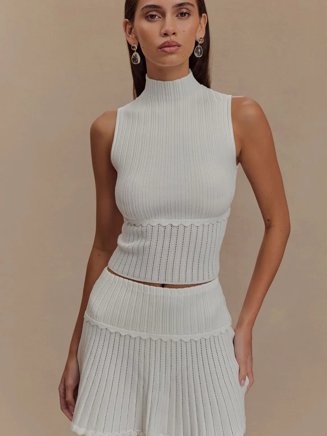 Women Ribbed Knit Two Piece Set Sleeveless Turtleneck Top Scallop Trim Pleated Mini Skirt Elegant Daily Outfit.