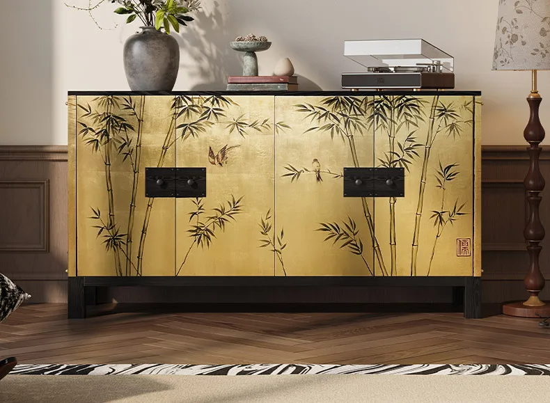 

New Chinese Style Solid Wood Hand-Painted Cabinet Modern Light Luxury Handmade Imitation Gold Foil Dining Side Storage Cabinet