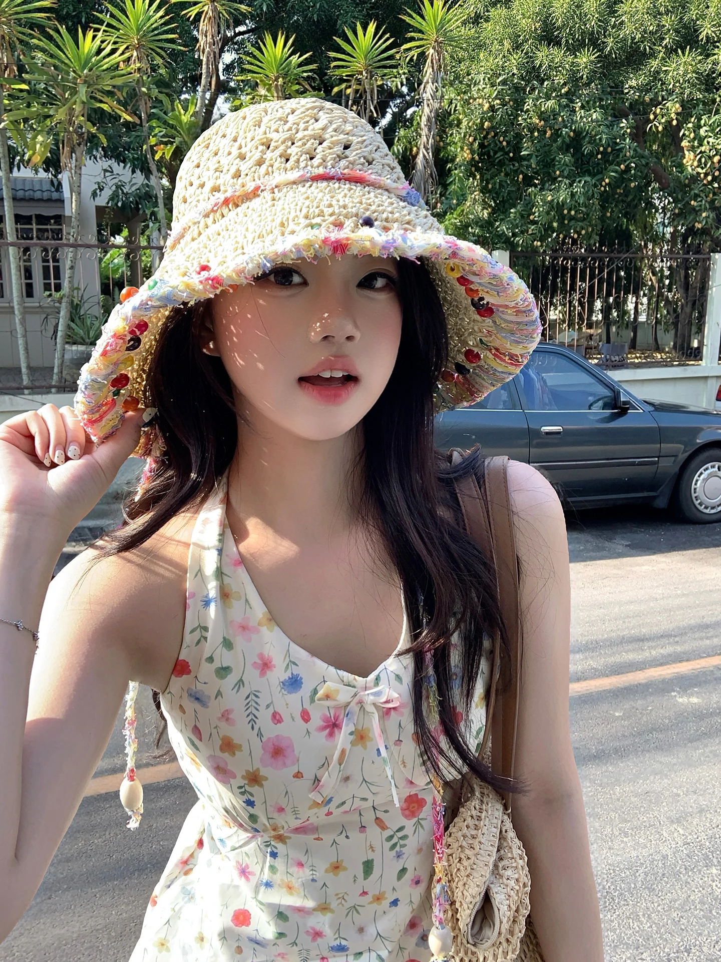 Beaded Woven Straw Hat Women's Spring Summer Beach Vacation Sun Protection Hat Travel Wide Brim Fisherman Cap