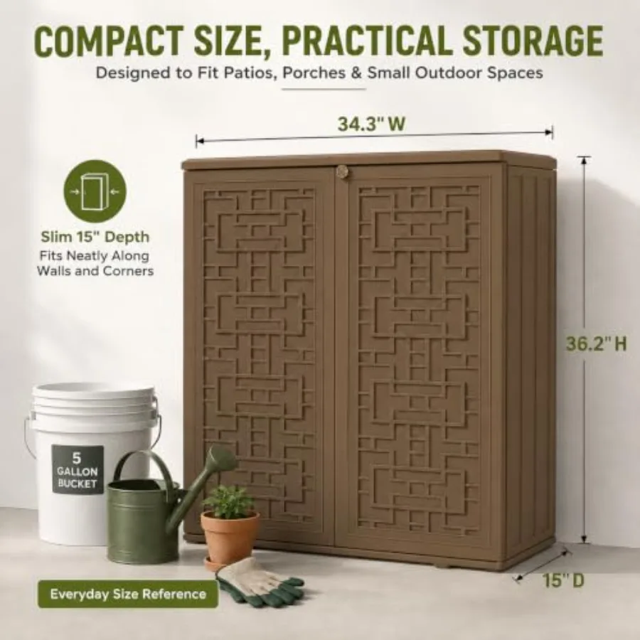 Outdoor storage cabinet for garden tools, pool supplies, toys, porch and garage; heavy-duty resin; gray; waterproof and weather