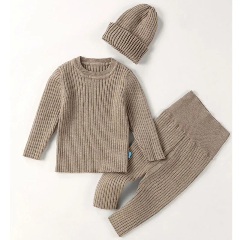 Korean Style 0-3 Yrs Baby Boys Girls Clothing Set Long Sleeve Solid Color Sweater+Trousers+Cap Spring Autumn Kids Clothes Suit