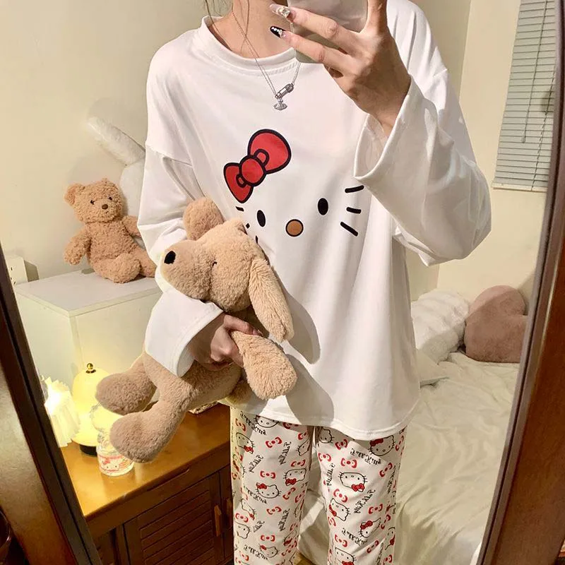 かわいいハローキティ女性パジャマセット春秋アニメ長袖パンツツーピースセット女の子ホームウェアカジュアルルーズラウンジウェア