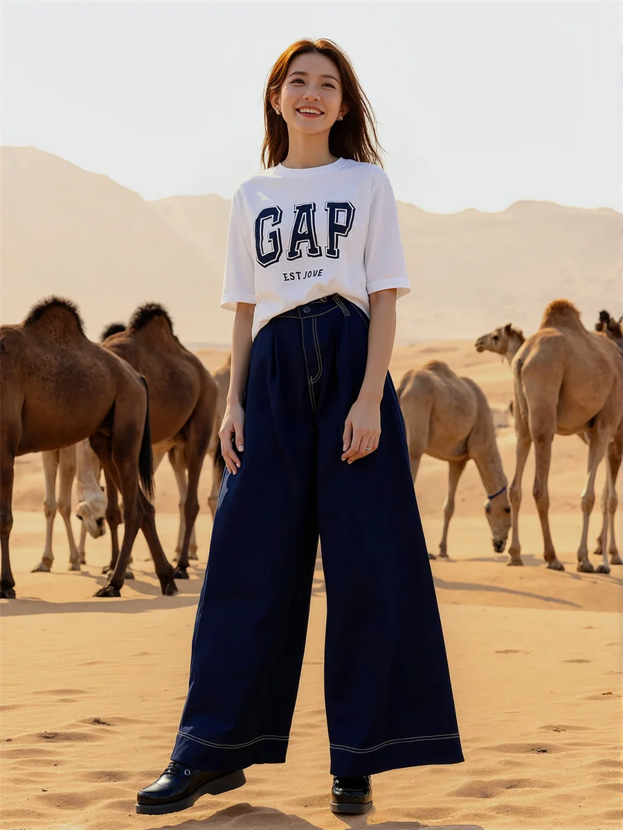 Baggy Wide Leg Denim Jeans Women Micro Elastic Casual Trousers Patchwork Fashionable Vintage Boyfriend Style High Waisted Street