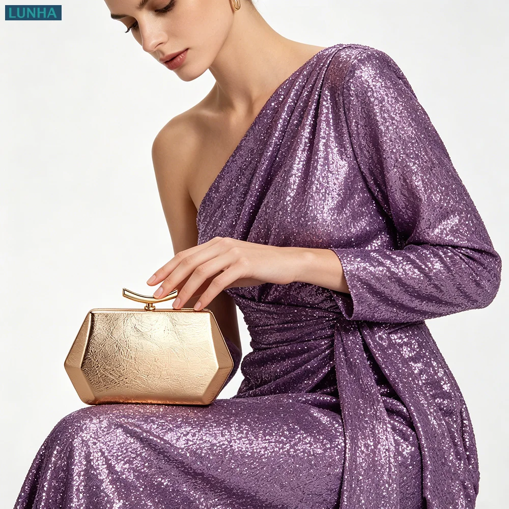 Champagne Hexagonal Hard Box Banquet Clutch Luxury PU Evening Purse Mini Formal Party Clutch Handbag for Women