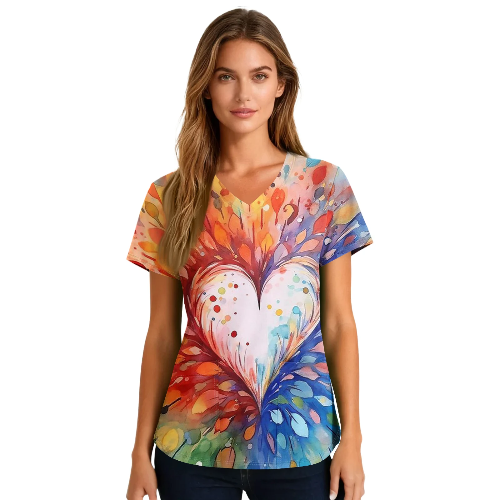 T-shirt à col en v imprimé pour infirmière, T-shirts pour femmes, uniforme d'infirmière à manches courtes, tenues pour la saint-valentin