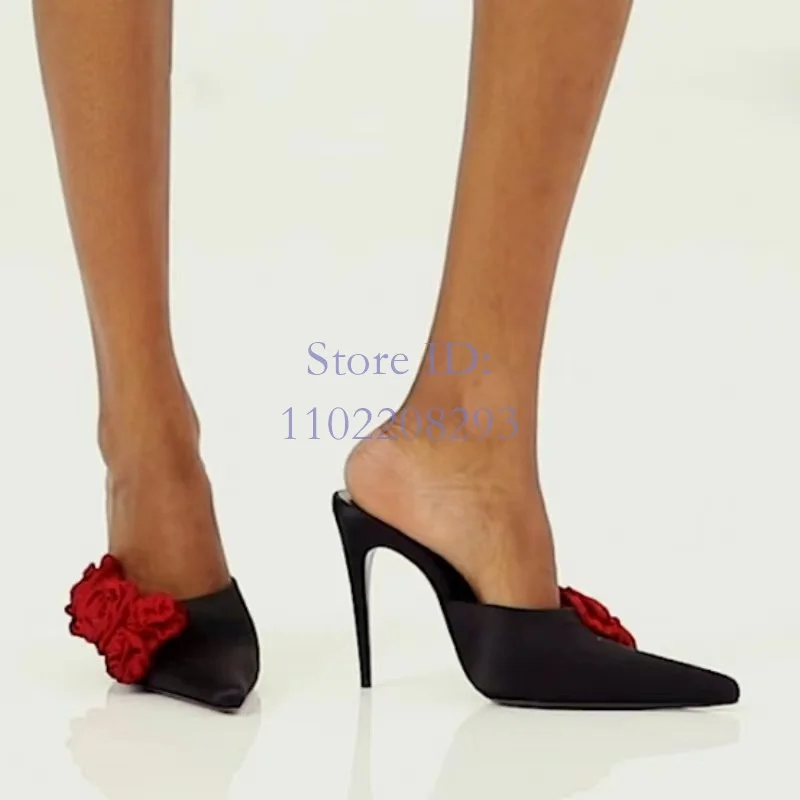 

Red Silk Flower Pointed Thin High Heeled Slippers Satin Sexy Stiletto Sandals 2024 Summer Europe and America Women Party Shoes