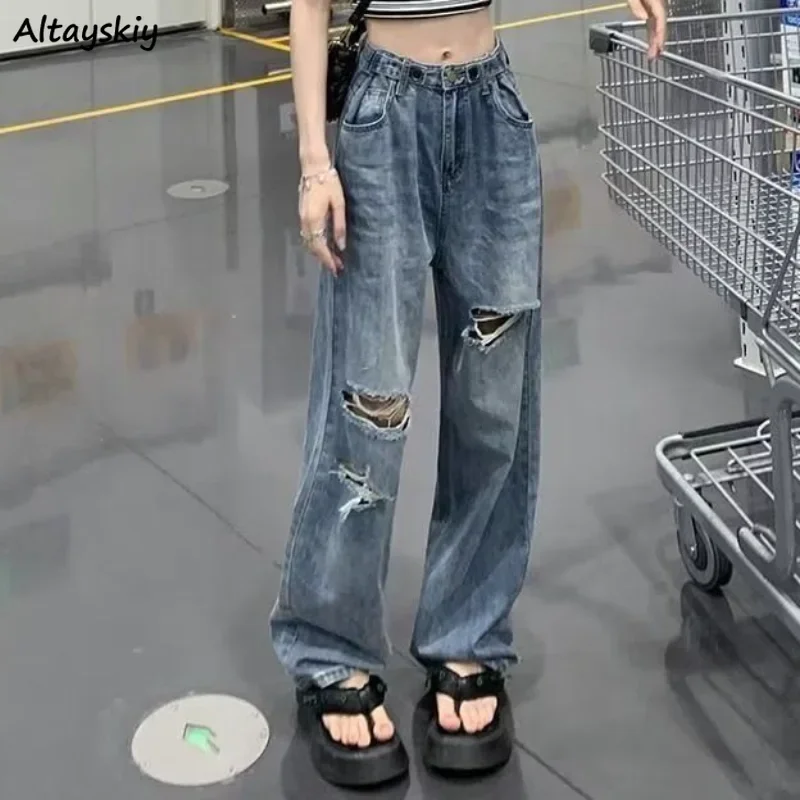 

Женские джинсы с отверстиями, винтажные свободные шикарные повседневные универсальные джинсы с завышенной талией в американском стиле BF Do, Модная молодежная одежда