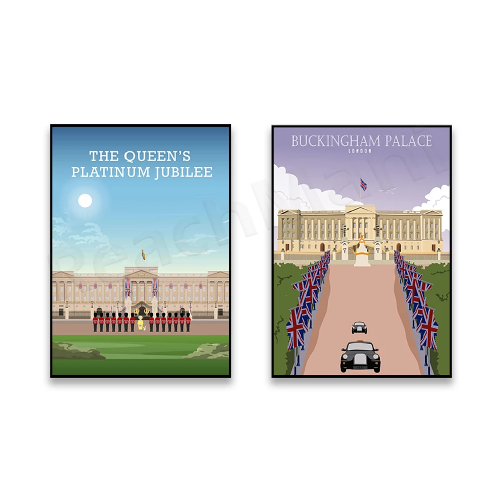 Póster de Taxi de Londres, Inglaterra, con la Celebración del Jubileo de la Reina, Palacio de Buckingham, Ciudad de Londres, Reina Isabel, Guardias de la Guardia Real, Bandera Union Jack