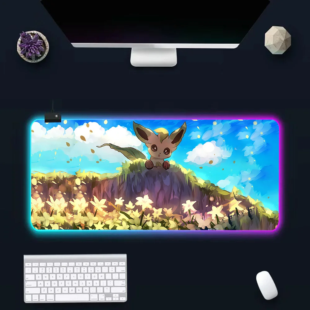 p-Pokemon E-Eevee RGB Pc Gamer Keyboard Mouse Pad Mousepad LED Glowing Mouse Mats Rubber Gaming Computer Mausepad