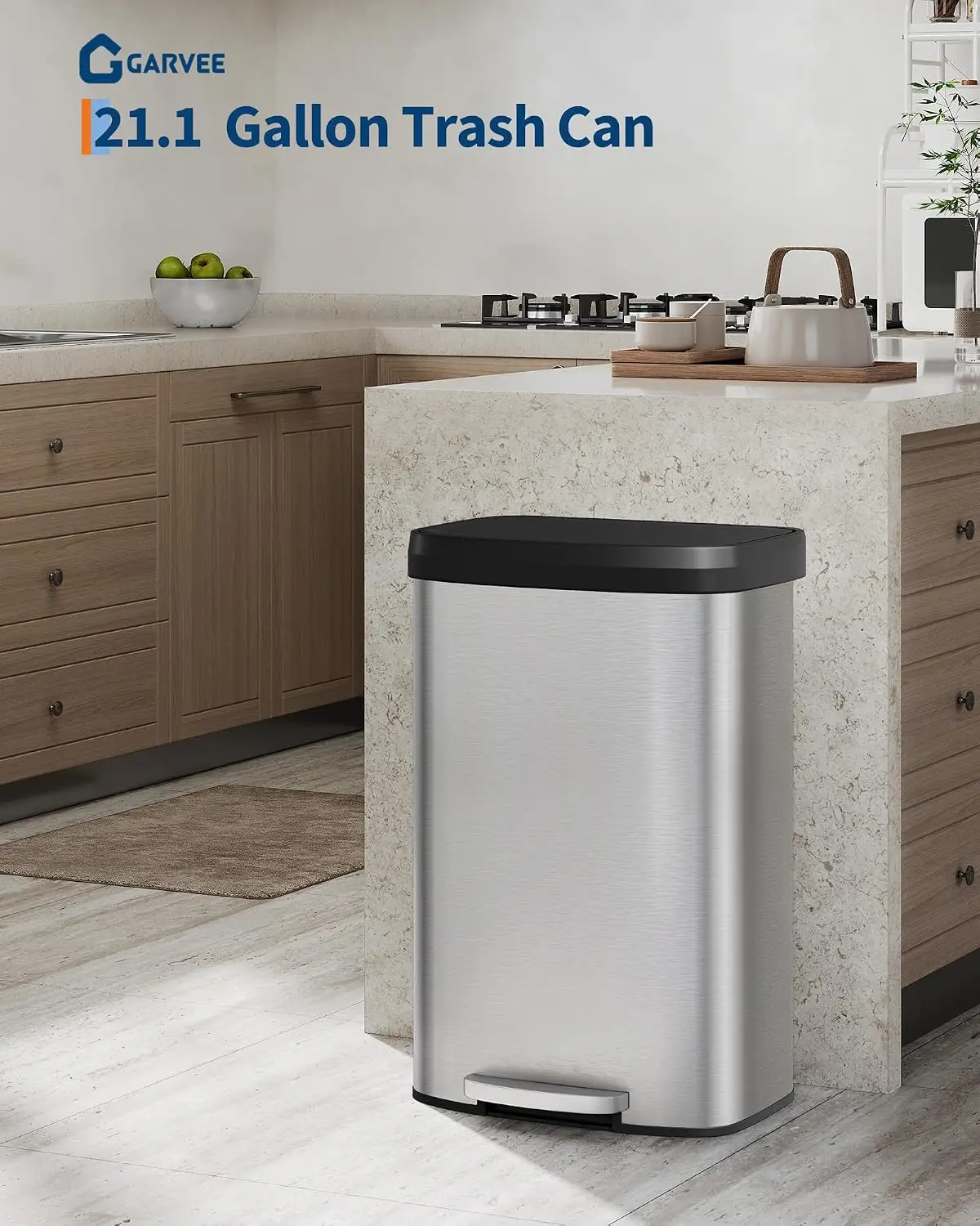 21 Gal / 80 L Stainless Steel Step Trash Can with Soft Close Lid – Large Kitchen Garbage Bin, Rustproof, Liner Rim, Rear Handle, Silver