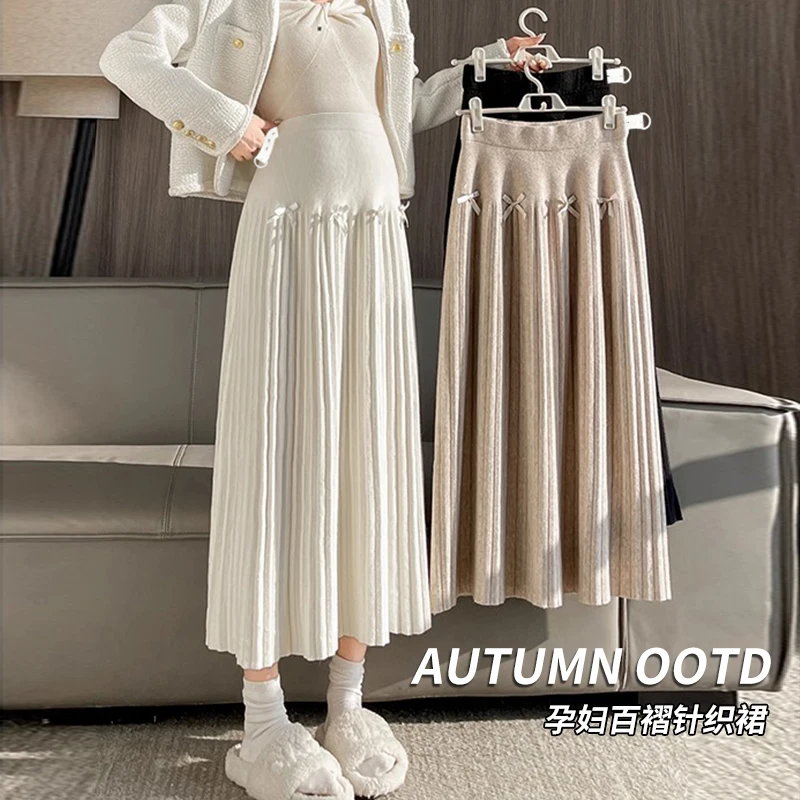 

Maternity Autumn/Winter Knitted Bow Detail Casual Slimming Soft Draping Non-Waistband Pleated Skirt Clothes for Pregnant Women