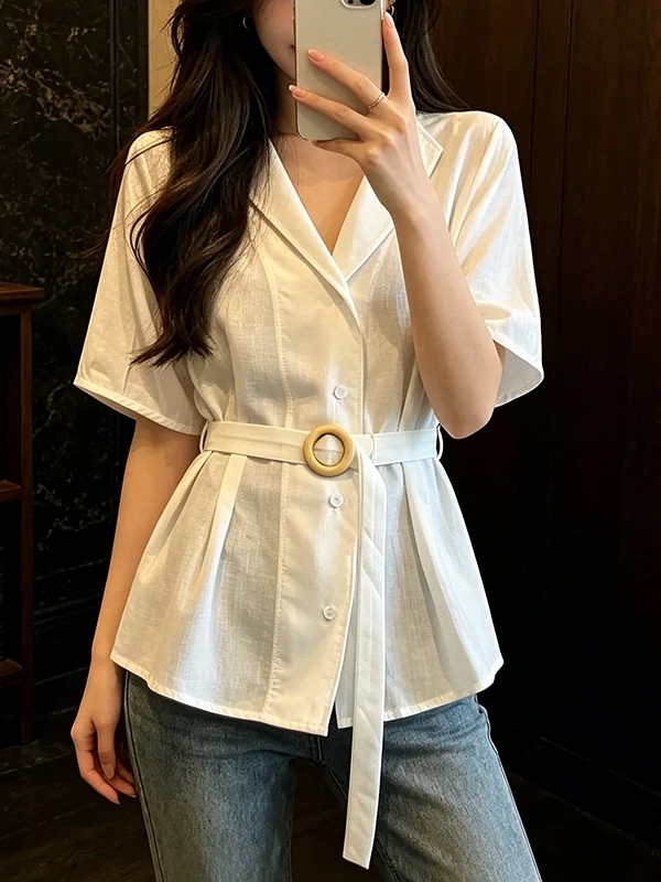 

plus Size Women's Shirt Korean Design V-Neck Slimming Short Sleeve Belted Versatile High Waist Summer Fashion Ladies' Blouse