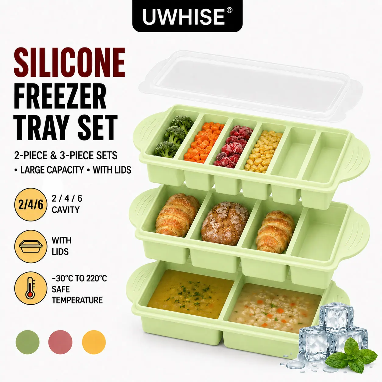 Uwhise 2/3 PACK Silicone Freezer Tray With Lid Soup Freezer Container Molds Large Ice Cube Trays for Meal Prep Food Storage