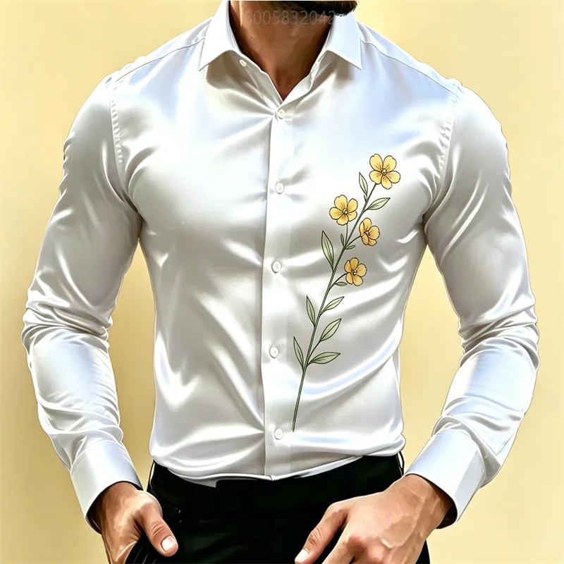 Men White Satin Long Sleeve Dress Shirt Elegant Yellow Floral Print Button‑Up Shirt Business Wedding Party Formal Casual Blouse