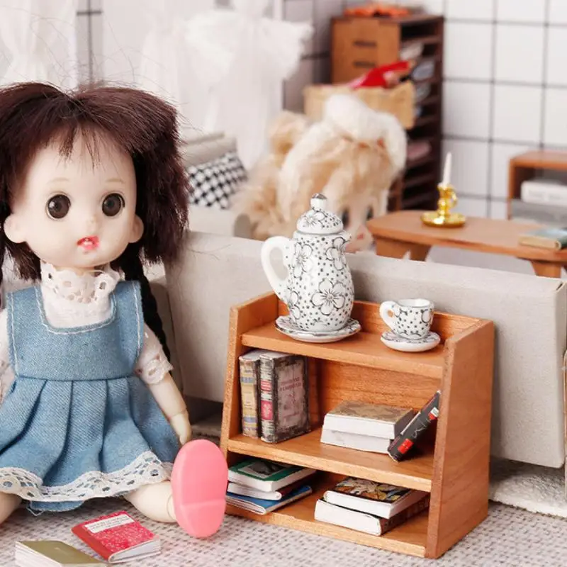 1Pcs 1: 12 Dollhouse Mini Cherry Wood Display Shelf Cabinet Miniature Storage Rack Doll House Furniture Model Toys