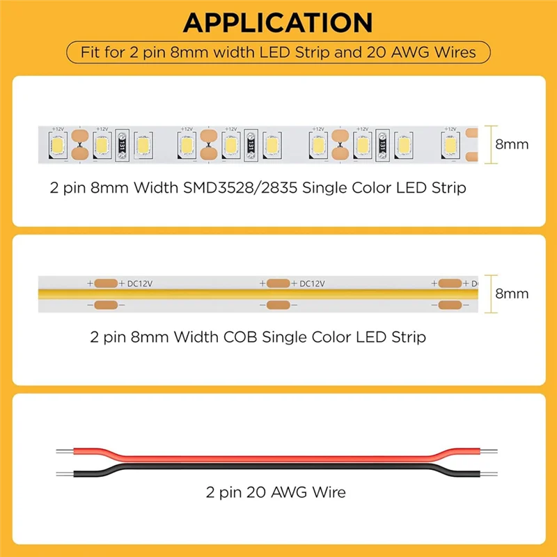 ABKO-Comprehensive 20-Pack Connector Kit สําหรับ 8 มม. 2-Pin COB/SMD 2835/3528 แถบ LED, มี Strip-To-Strip และ Strip-To-Wire Opt