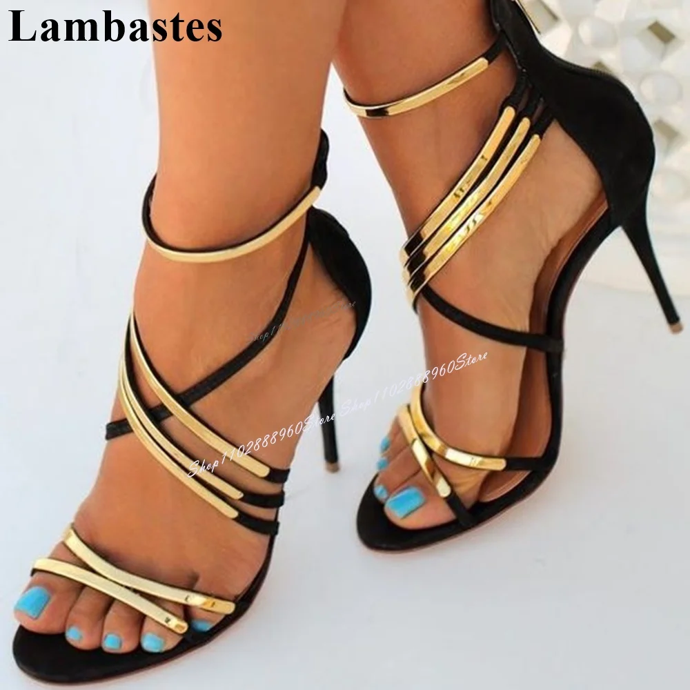 

Casual Black Metallic Narrow Cross Band Sandals Thin High Heel Women Shoes Back Zipper Open Toe 2024 Fashion Zapatos Para Mujere