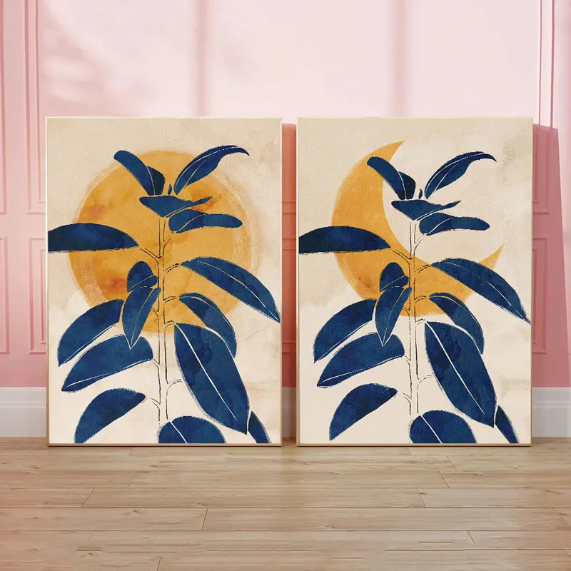 Sun Moon and Leaves Pattern Canvas Art Poster Prints Fashion Wall Decorative Painting for Living Room Bedroom