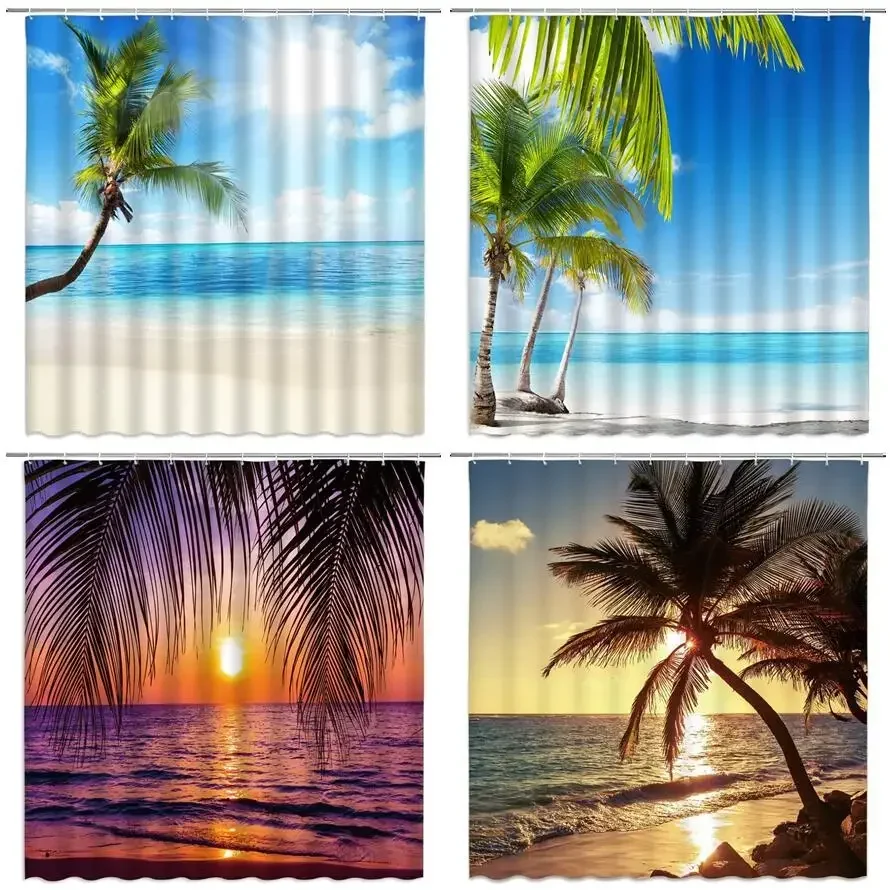 Zasłona prysznicowa Beach Sunset Tropical Hawaii Coastal Palm Tree Wave Nature Landscape Black Yellow Fabric Bathroom Decor Set Hooks