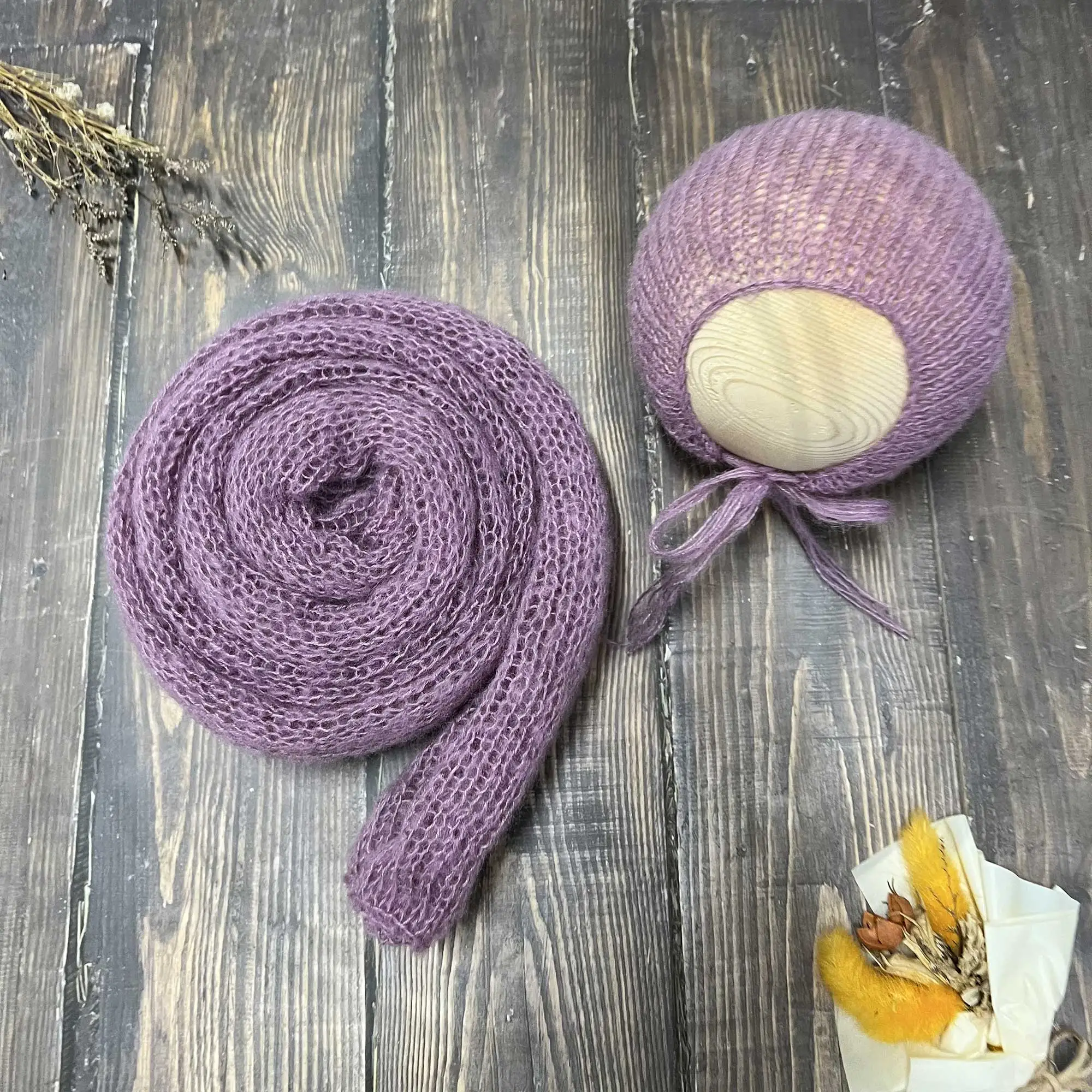 Don&Judy 2PCS/Set Soft Baby Photo Shoot Prop Hand Knit Mohair Wrap With Hat Newborn Bonnet Swaddle Photography Accessories Gift